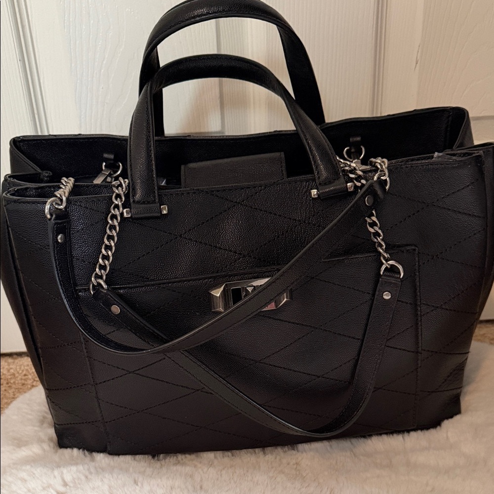 Rebeca Minkoff Black Quilted Leather Tote Bag with Chain Straps